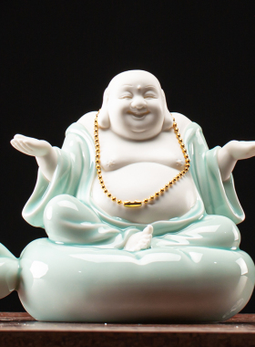 陶瓷弥勒佛摆件大肚佛像红色开心笑佛招财家居客厅门店摆设装饰品