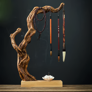 根雕毛笔挂式根艺笔架原木天然佛珠手串首饰书桌收纳笔挂书房摆件