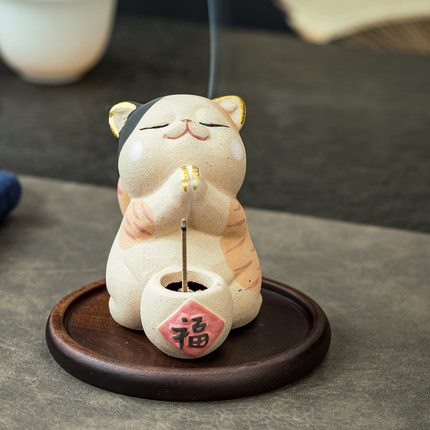 紫砂摆件招财小猫咪茶道香薰炉可爱手绘猫家用室内线香插香座香道