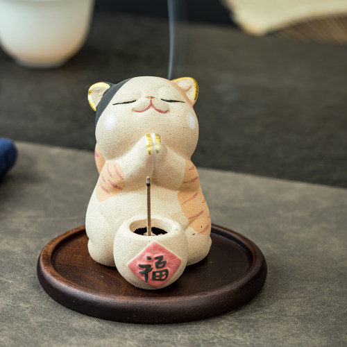 紫砂手绘招财小猫咪香薰炉