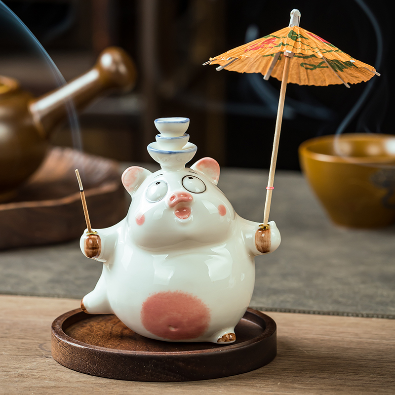 【顶住猪】陶瓷可爱萌猪生肖招财小猪香插线香炉底座办公桌面摆件