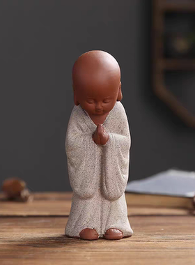 中式禅意紫砂小和尚茶宠摆件陶瓷人物佛系可爱小沙弥茶台造景摆设