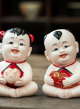 招财童子金童玉女陶瓷摆件