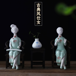 创意中式仿古精品纯手工陶瓷仕女工艺品家居客厅禅意人物软装摆件