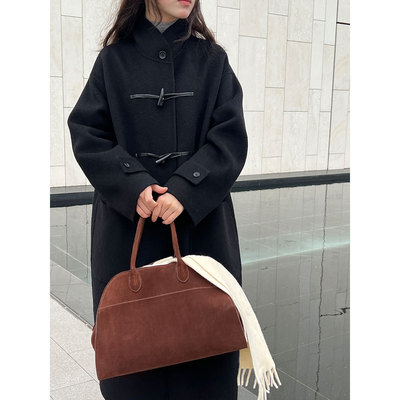 古黑色羊毛呢大衣女长款立领牛角