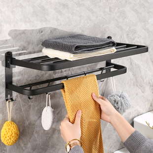 浴室置物架免打孔不锈钢304黑色可折叠浴巾架 卫生间挂毛巾的架子