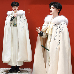 加绒加厚双面呢斗篷披风中国风古风男装汉服男款冬季男士毛领外套