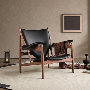 主人酋长椅客厅阳台复古油蜡真皮休闲椅子意式设计师款实木沙发椅