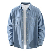 8977日系牛仔潮流长袖 百搭文艺休闲宽松上衣 翻领纯色时尚 衬衫 男士