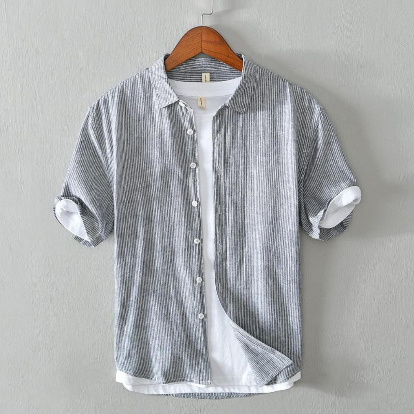 夏季透气条纹棉麻男衬衣
