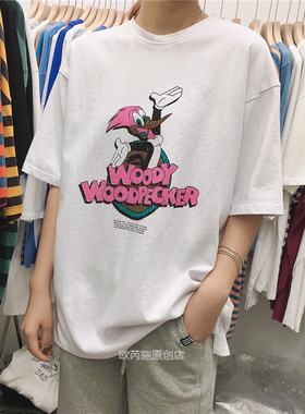 Tang 2020早秋新款韩版宽松百搭圆领短袖卡通印花T恤女上衣18101