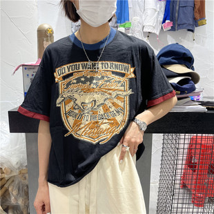宽松撞色圆领短袖 TY1980 韩版 2022年夏季 印花T恤女上衣212135 新款