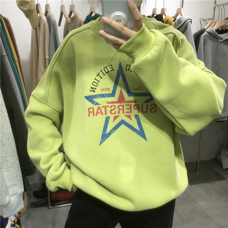 TY1980冬新款长袖韩版宽松圆领bf慵懒风印花加绒加厚卫衣女212505