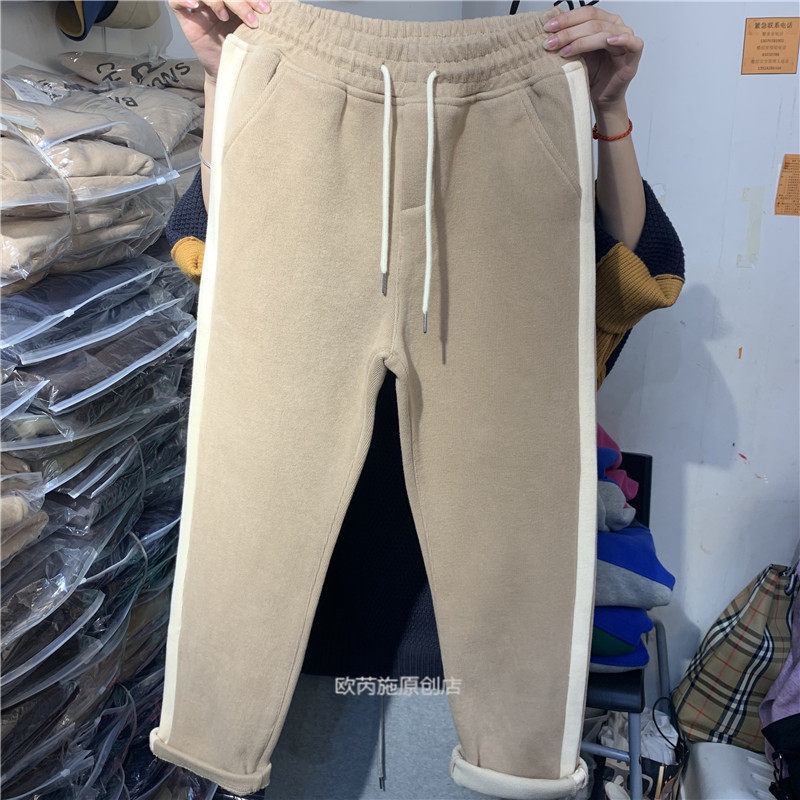 Tang 裤子冬季新款韩版松紧腰宽松加绒加厚拼色九分休闲裤女1966