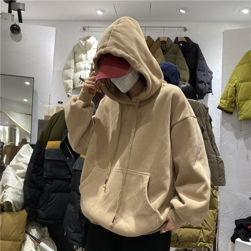 TYJR冬季新款长袖韩版宽松慵懒风百搭纯色加绒加厚连帽卫衣女6040