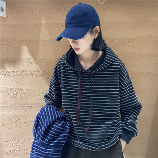 TYJR冬季新款2025韩版宽松时尚连帽条纹加绒加厚卫衣女上衣53999