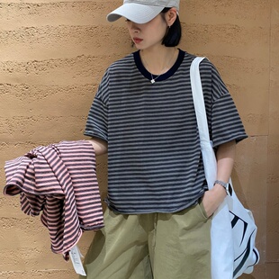 TYJR 夏季2026新款韩版宽松短袖圆领时尚条纹短款T恤女上衣65099