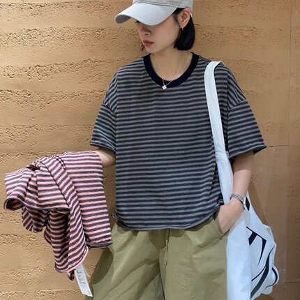 TYJR 夏季2026新款韩版宽松短袖圆领时尚条纹短款T恤女上衣65099