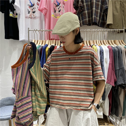 TYJR新款宽松时尚条纹短款T恤女