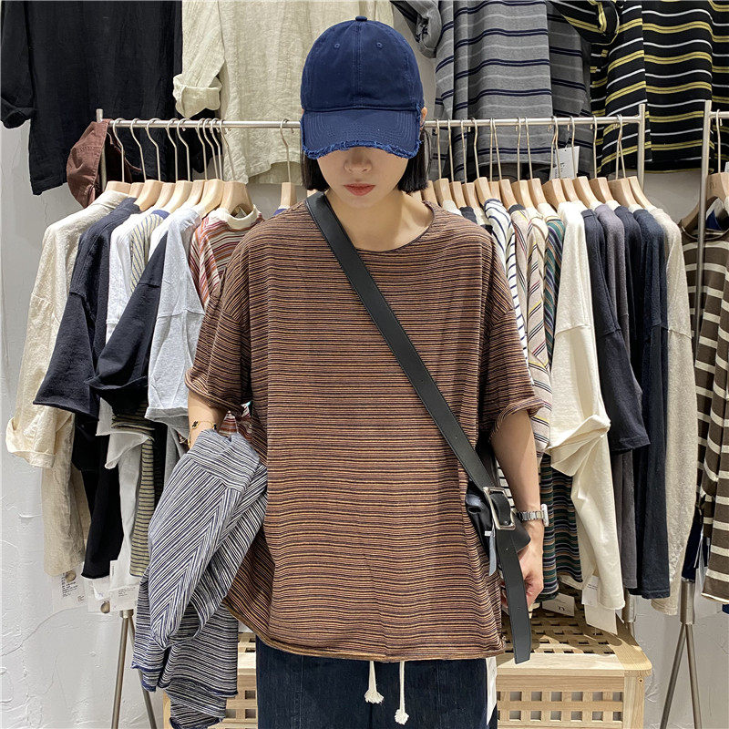 TYJR夏季新款大码女装2025韩版宽松圆领细条纹短袖T恤女上衣57071