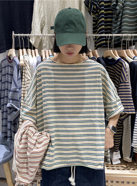 TYJR夏季新款女装2025韩版宽松圆领慵懒风条纹短袖T恤女上衣53057