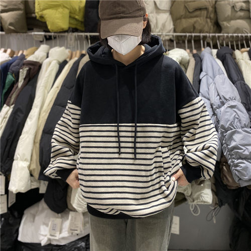 TYJR冬季新款女装韩版宽松休闲拼色条纹加绒加厚连帽卫衣女7331