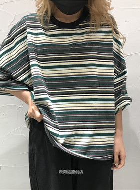 TY1980 春夏新款2021韩版宽松圆领短袖卷边撞色条纹T恤女211938