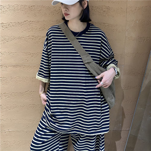 TYJR韩版宽松条纹短袖t恤女上衣
