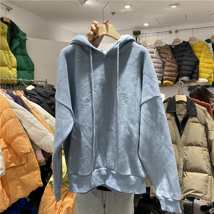 TY1980冬季新款韩版宽松长袖字母刺绣加绒加厚连帽卫衣女212559