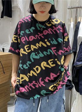 TYJR夏季2024新款女装韩版宽松圆领字母印花短袖T恤女上衣95602