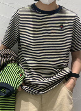 TY1980夏季新款2023韩版宽松百搭圆领短袖卡通刺绣条纹T恤女85065