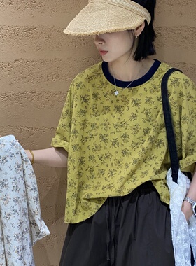 TYJR 夏季2026新款韩版宽松圆领时尚复古碎花短袖T恤上衣女65138