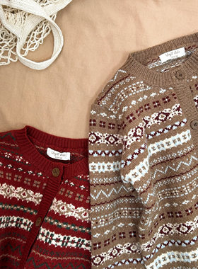 儿童圣诞毛衣2025男童女童费尔岛毛衣安可拉红提花毛衣开衫外套