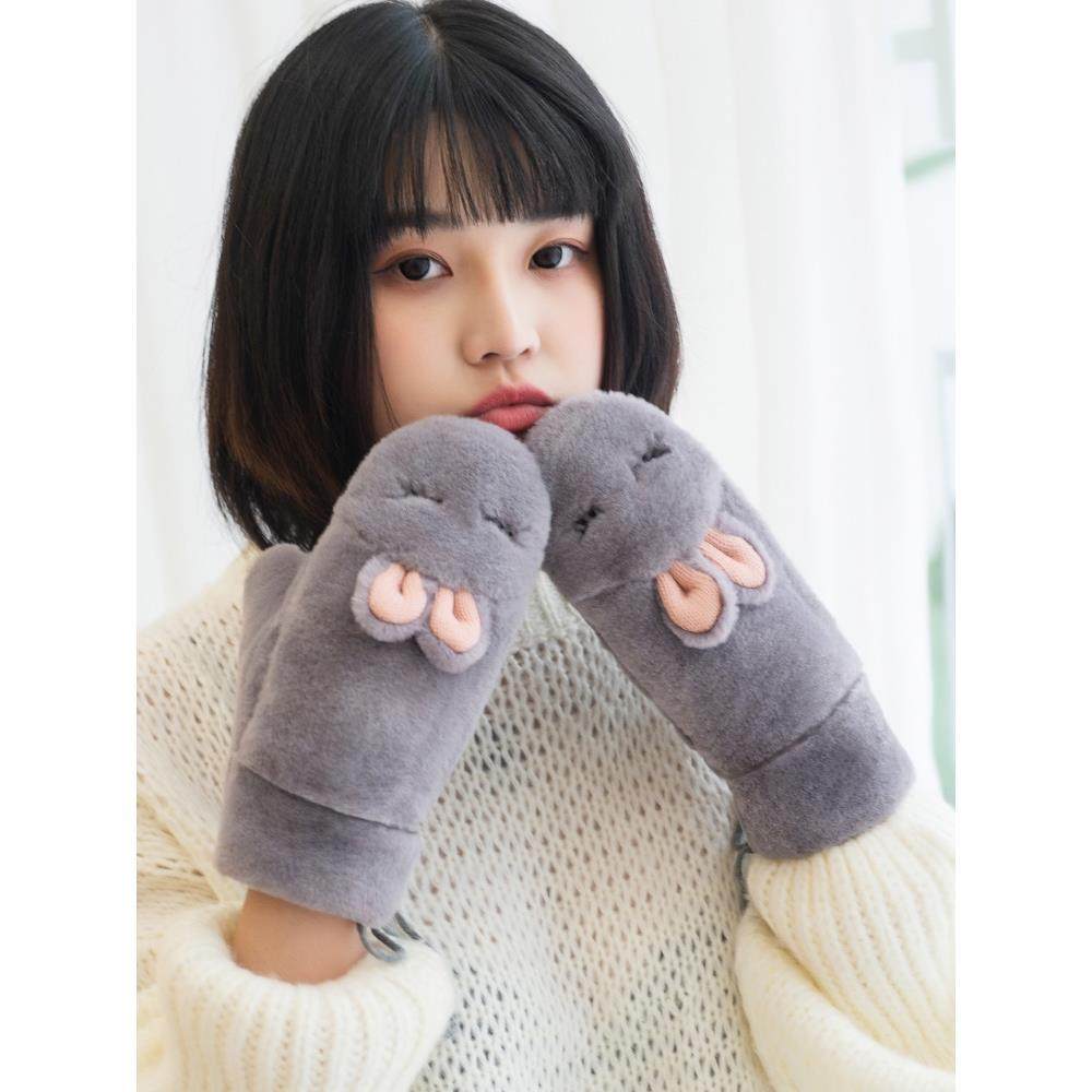 冬天2023新款加绒加厚仿兔毛手套女冬季连指毛绒保暖手套可爱学生