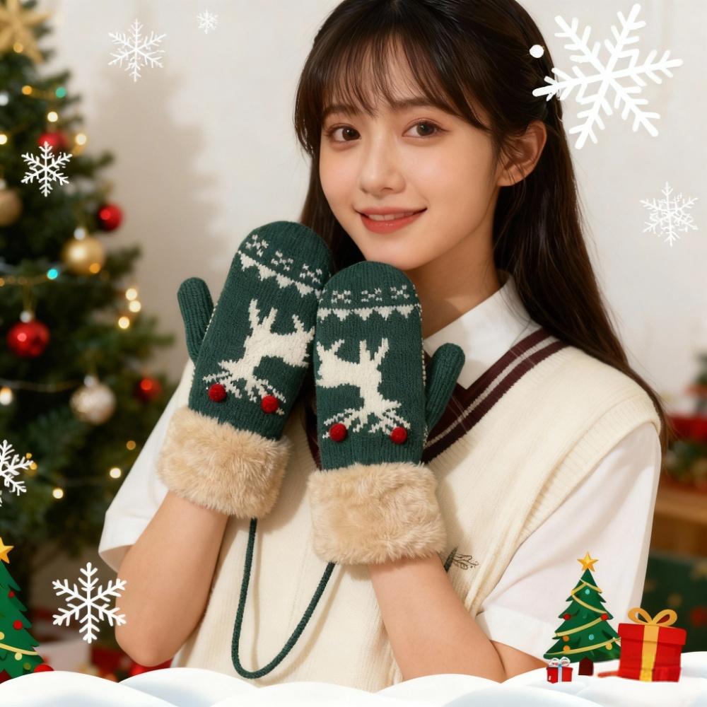 圣诞节手套女冬季小鹿加绒保暖全指挂脖手套2025秋冬可爱针织毛线