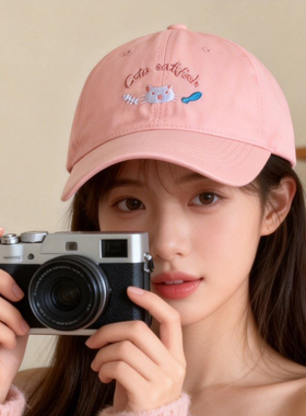 刺绣小猫棒球帽女加大加深夏季休闲百搭大头围显脸小水洗鸭舌帽潮