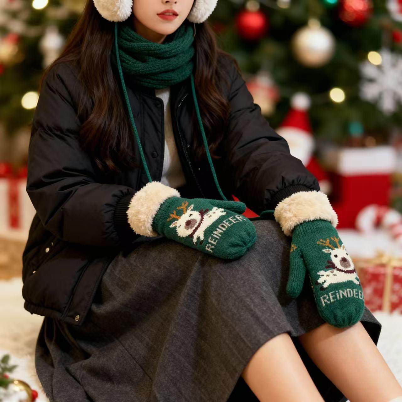 挂脖圣诞节手套秋冬加厚加绒保暖针织骑车毛线女防寒全包连指手套