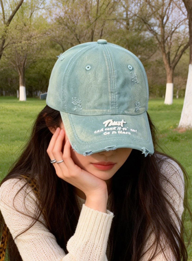 韩系新款破洞做旧棒球帽男女潮牌百搭街头弯檐显脸小遮阳鸭舌帽子