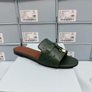 牛皮休闲风绿色皮质拖鞋女露趾搭扣平底时尚0301墨绿色A5