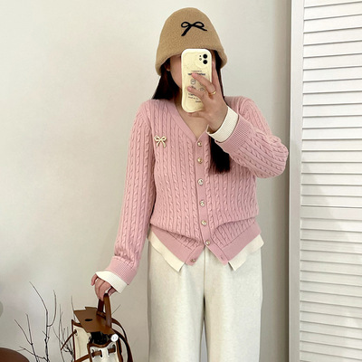 大码女装V领撞色外套女麻花纹理感上衣2025冬款胖mm针织开衫23392