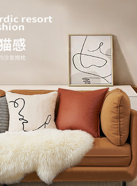 北欧抱枕沙发客厅简约现代轻奢靠枕床头靠垫橙色撸猫感毛绒抱枕套