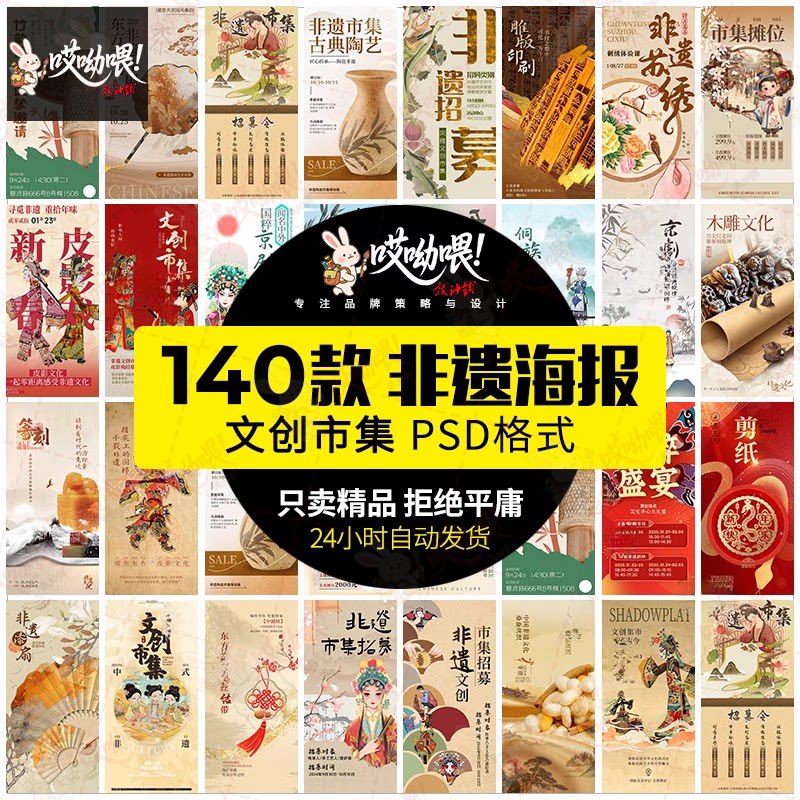 文创古风水墨插画非遗文创市集皮影漆扇刺绣海报背景PSD设计素材