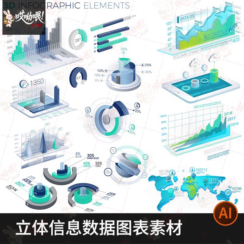 立体科技信息数据可视化统计图表仪表盘柱状图饼图设计ai矢量素材