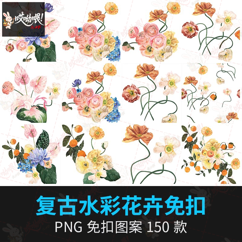 手绘植物花卉花朵复古水彩PNG免抠高清图片平面设计包装文艺素材