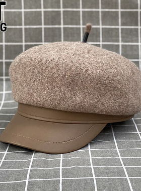 香港I.Tgreg百搭针织头真皮沿复古鸭舌贝雷帽女秋冬休闲八角帽子