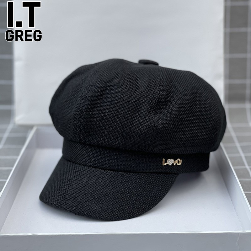 香港I.Tgreg休闲黑色棉麻八角帽