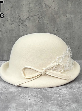 香港I.TGREG优雅网纱蝴蝶结礼帽女士秋冬法式短檐盆帽羊毛贝雷帽