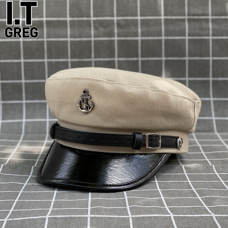 I.Tgreg黑色复古真皮檐平顶帽