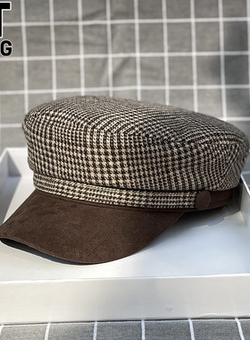 香港I.Tgreg秋冬百搭八角帽女复古千鸟格纹皮绒帽沿羊毛平顶帽潮