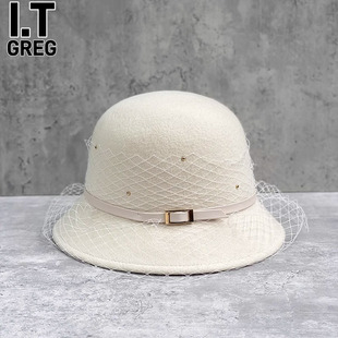 香港I.TGREG网纱复古优雅礼帽女秋冬羊毛呢盆帽渔夫帽时装毡帽子
